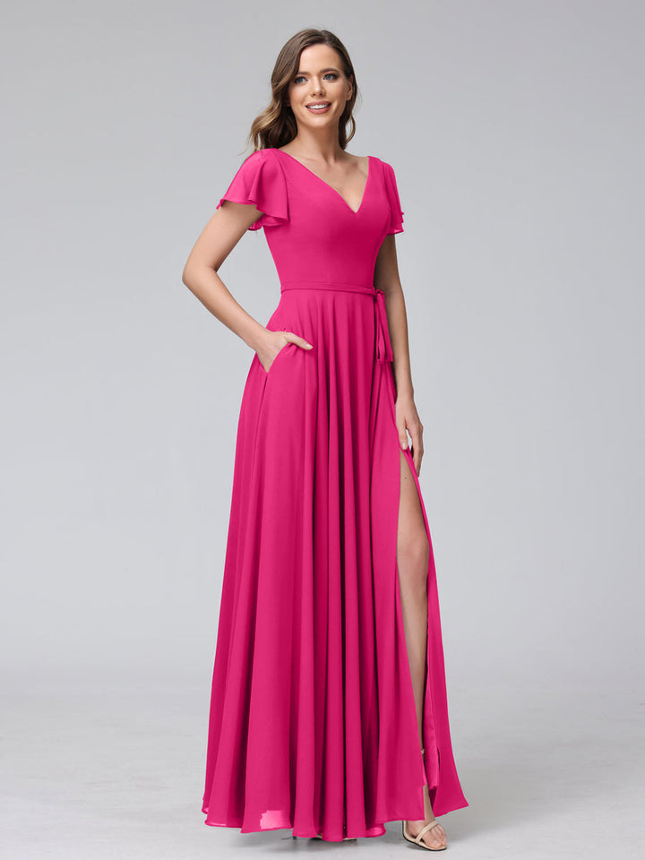 A-Line V-Neck Ruffles Short Sleeves Long Chiffon Dresses With Split Side &amp; Pockets