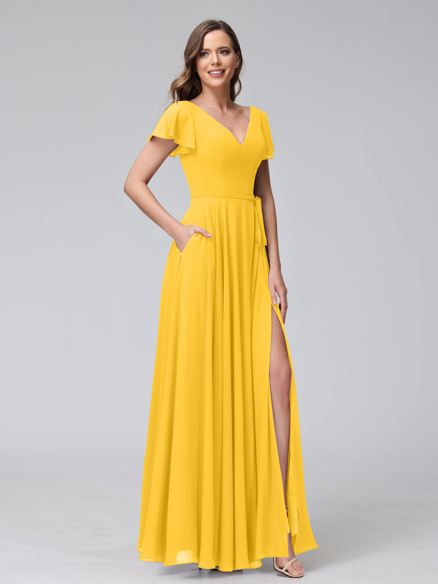 A-Line V-Neck Ruffles Short Sleeves Long Chiffon Dresses With Split Side &amp; Pockets