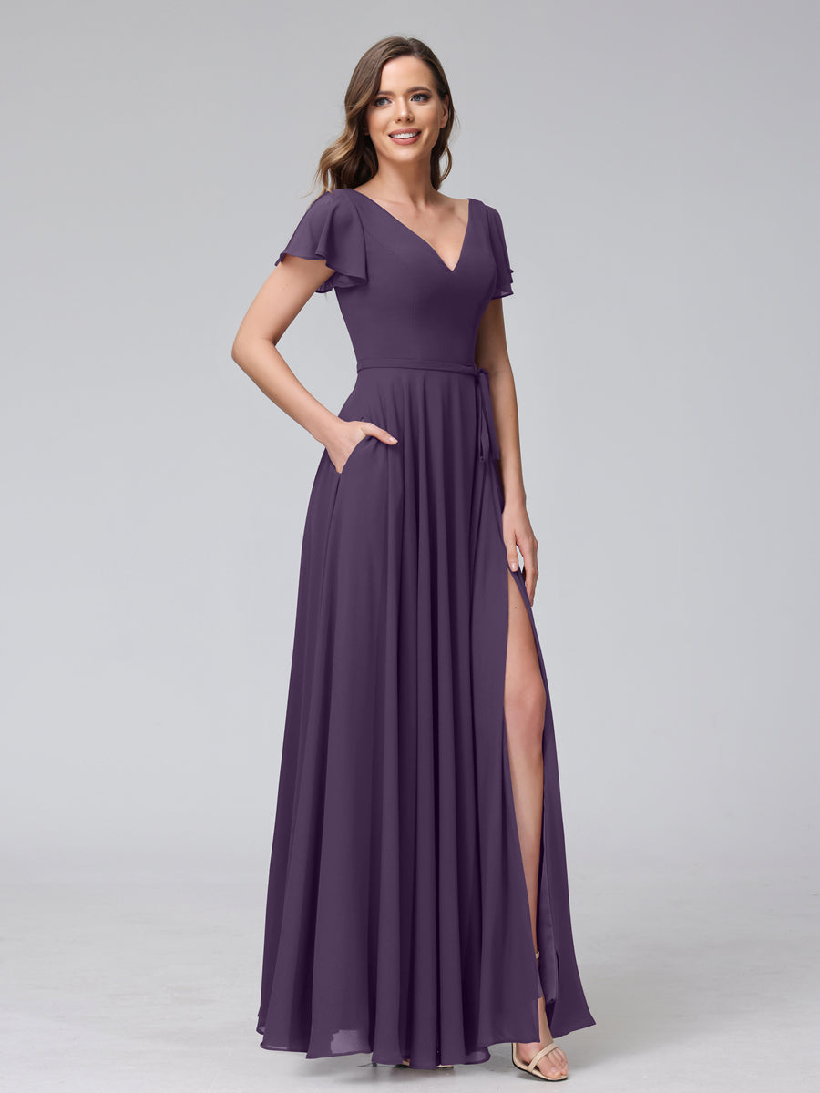A-Line V-Neck Ruffles Short Sleeves Long Chiffon Dresses With Split Side &amp; Pockets