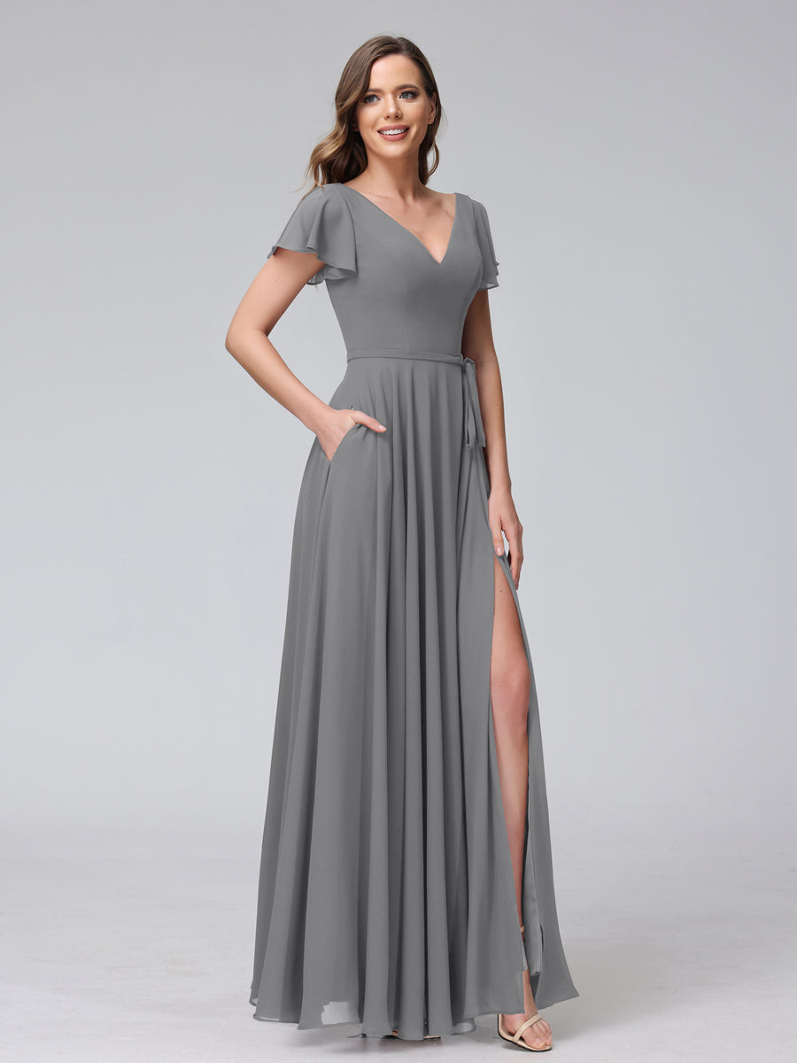 A-Line V-Neck Ruffles Short Sleeves Long Chiffon Dresses With Split Side &amp; Pockets