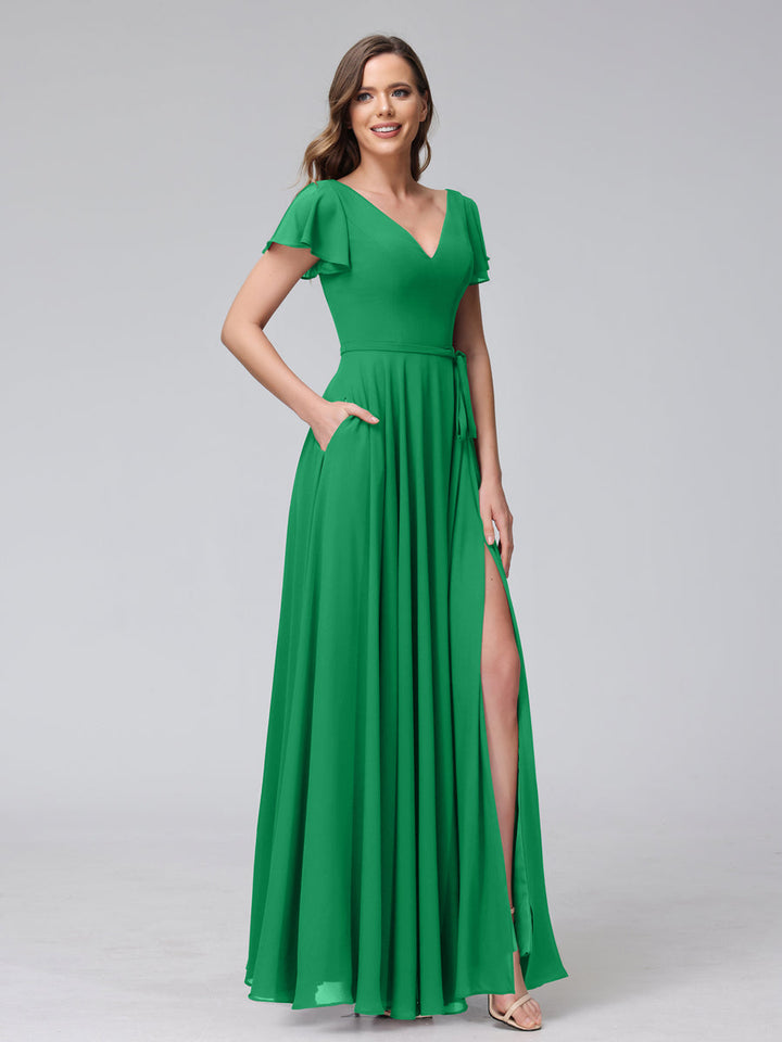 A-Line V-Neck Ruffles Short Sleeves Long Chiffon Dresses With Split Side &amp; Pockets