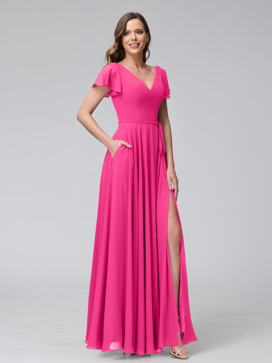 A-Line V-Neck Ruffles Short Sleeves Long Chiffon Dresses With Split Side &amp; Pockets