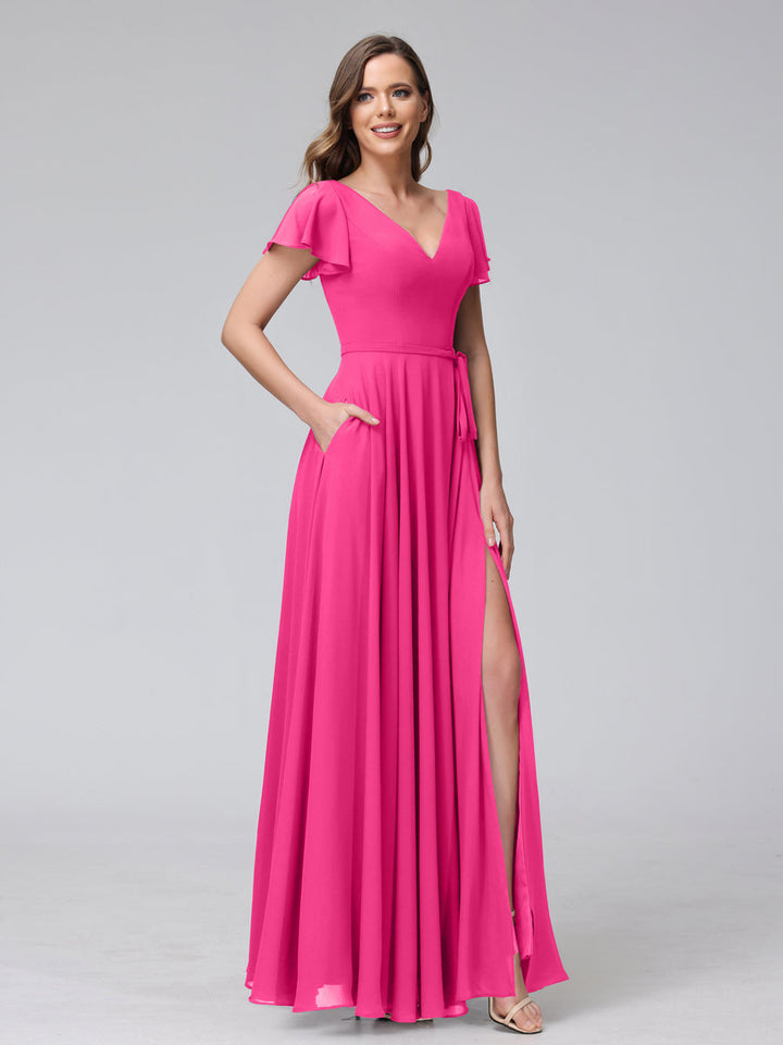 A-Line V-Neck Ruffles Short Sleeves Long Chiffon Dresses With Split Side &amp; Pockets