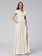 A-Line V-Neck Ruffles Short Sleeves Long Chiffon Dresses With Split Side & Pockets
