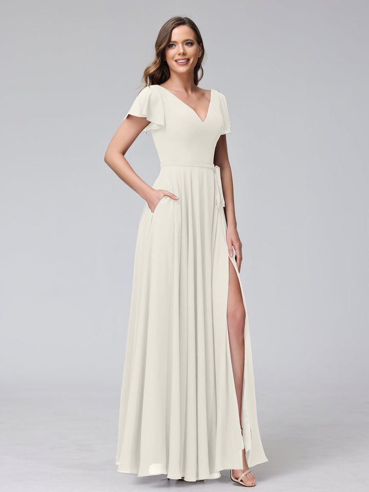 A-Line V-Neck Ruffles Short Sleeves Long Chiffon Dresses With Split Side &amp; Pockets