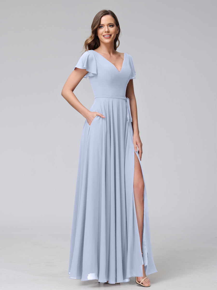 A-Line V-Neck Ruffles Short Sleeves Long Chiffon Dresses With Split Side &amp; Pockets
