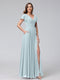A-Line V-Neck Ruffles Short Sleeves Long Chiffon Dresses With Split Side & Pockets