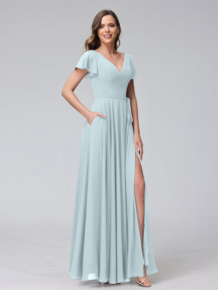 A-Line V-Neck Ruffles Short Sleeves Long Chiffon Dresses With Split Side &amp; Pockets