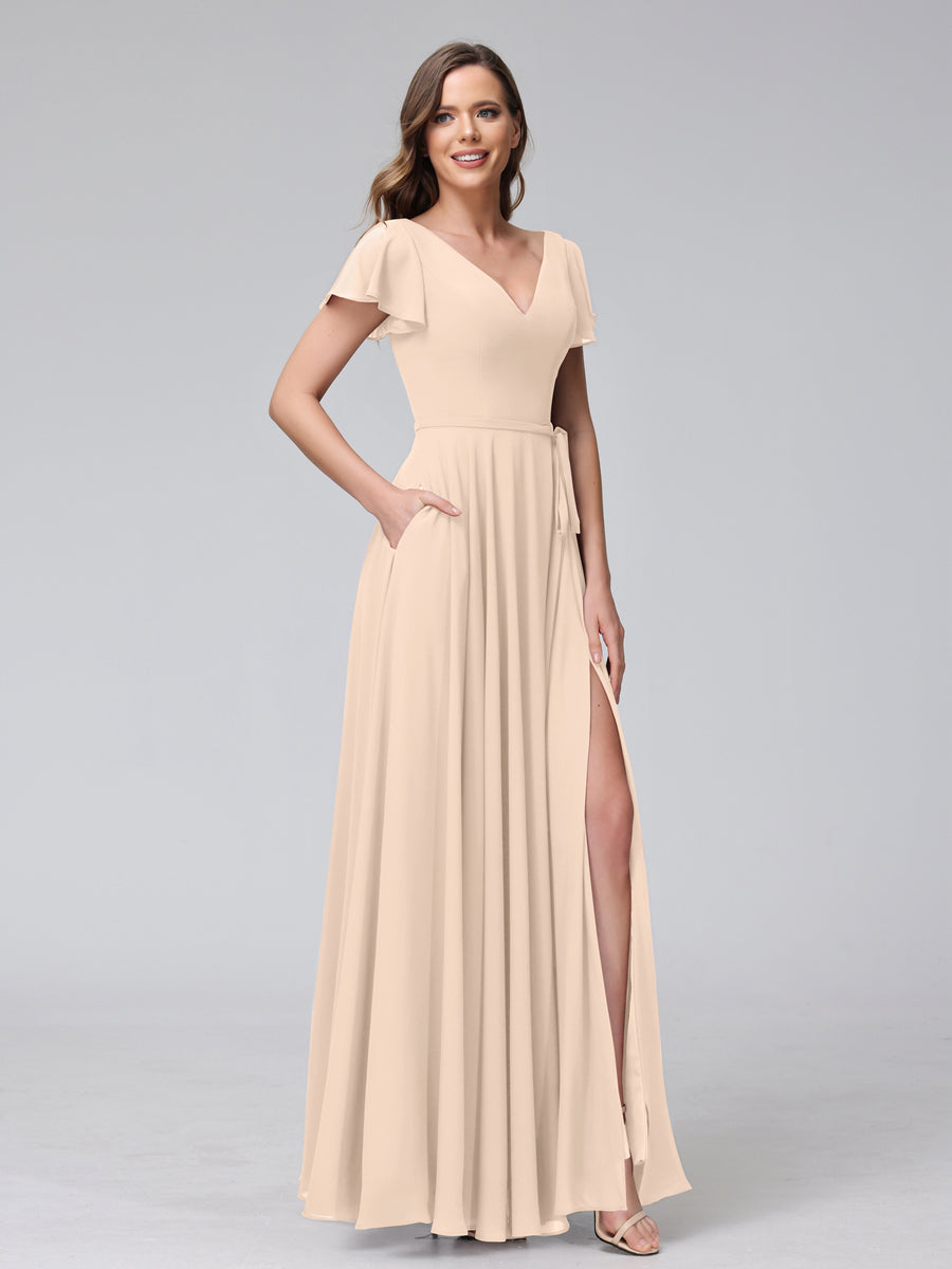 A-Line V-Neck Ruffles Short Sleeves Long Chiffon Dresses With Split Side &amp; Pockets