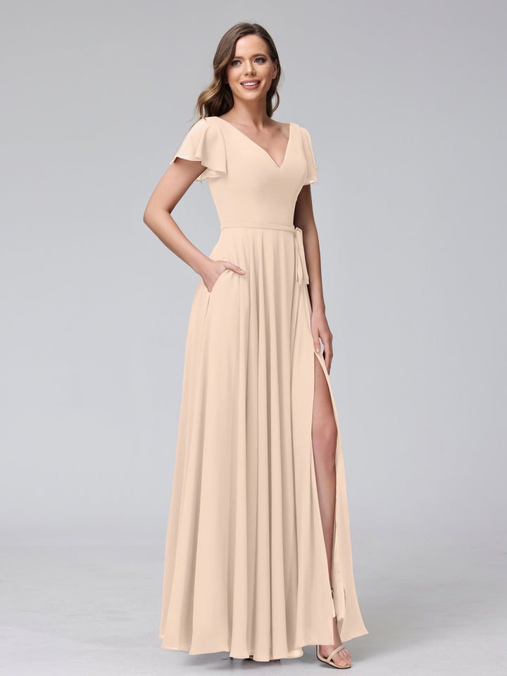 A-Line V-Neck Ruffles Short Sleeves Long Chiffon Dresses With Split Side &amp; Pockets