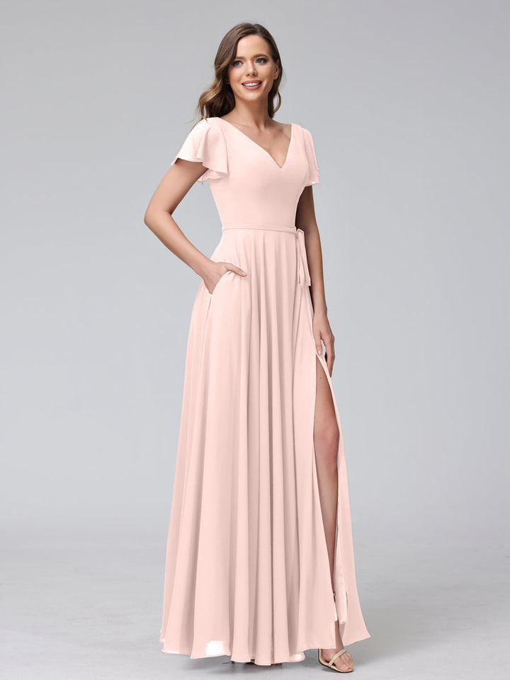 A-Line V-Neck Ruffles Short Sleeves Long Chiffon Dresses With Split Side &amp; Pockets
