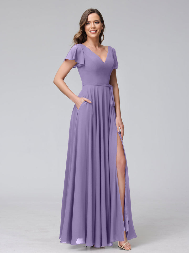 A-Line V-Neck Ruffles Short Sleeves Long Chiffon Dresses With Split Side &amp; Pockets