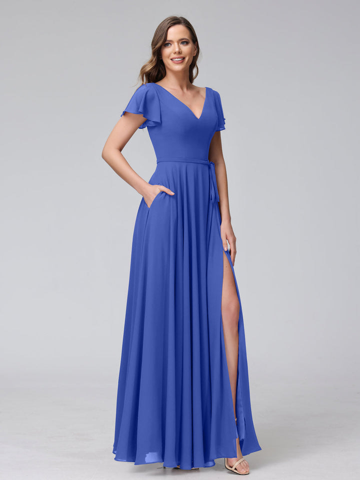 A-Line V-Neck Ruffles Short Sleeves Long Chiffon Dresses With Split Side &amp; Pockets