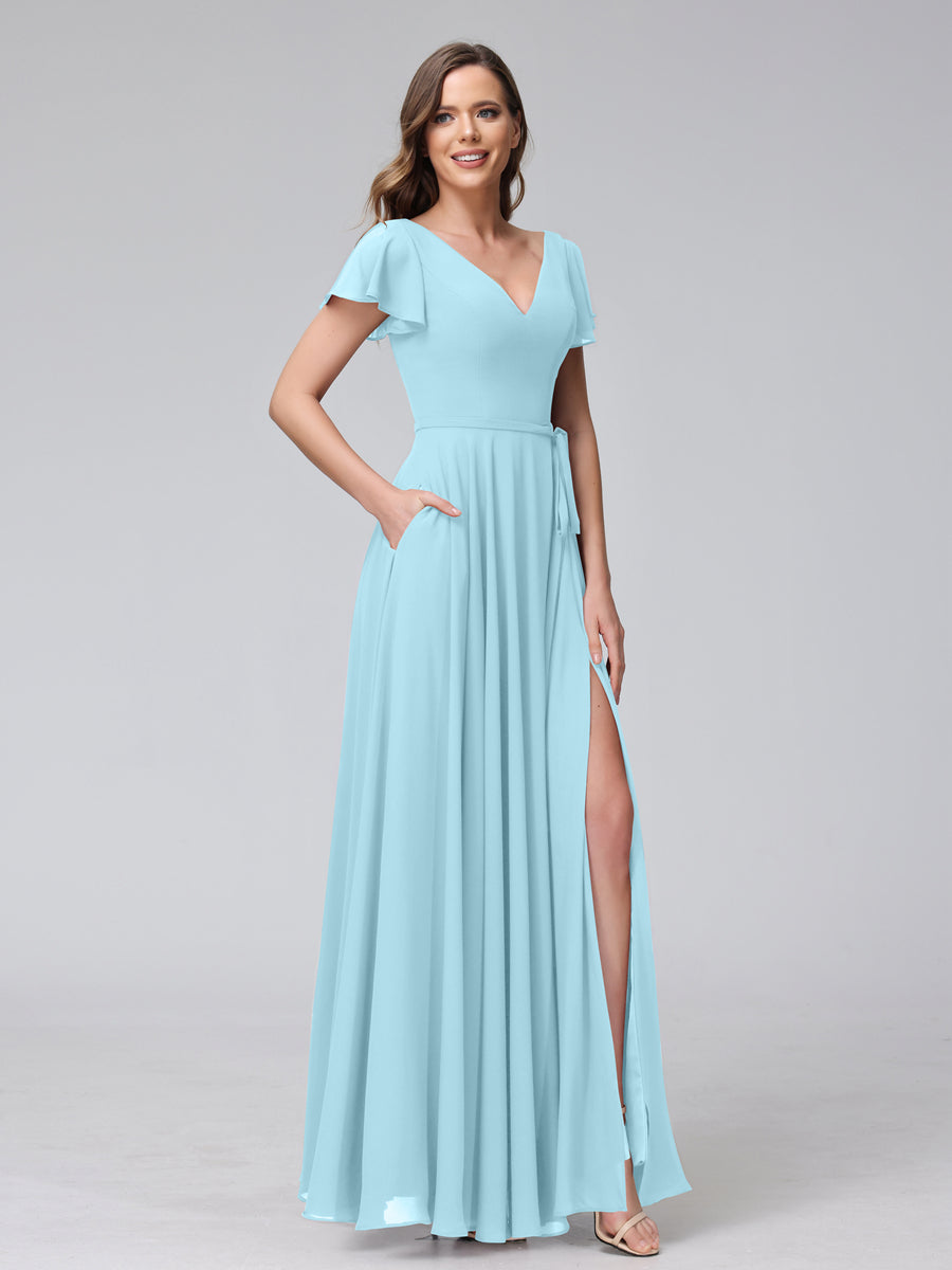 A-Line V-Neck Ruffles Short Sleeves Long Chiffon Dresses With Split Side &amp; Pockets