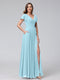 A-Line V-Neck Ruffles Short Sleeves Long Chiffon Dresses With Split Side & Pockets