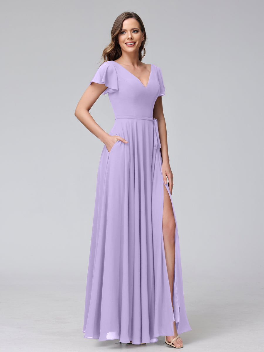 A-Line V-Neck Ruffles Short Sleeves Long Chiffon Dresses With Split Side &amp; Pockets