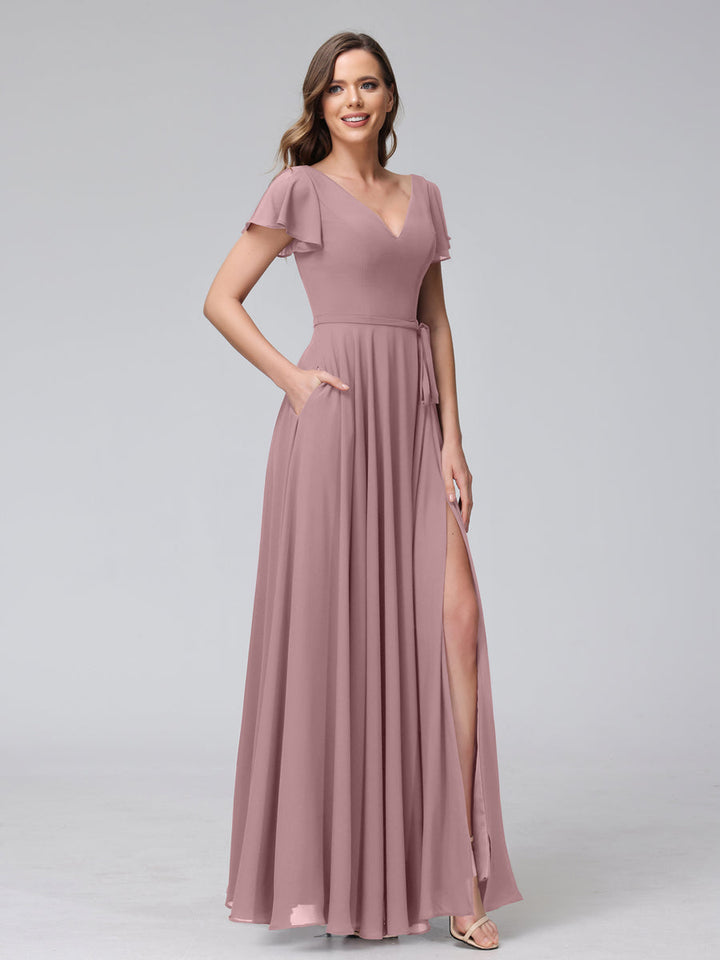 A-Line V-Neck Ruffles Short Sleeves Long Chiffon Dresses With Split Side &amp; Pockets