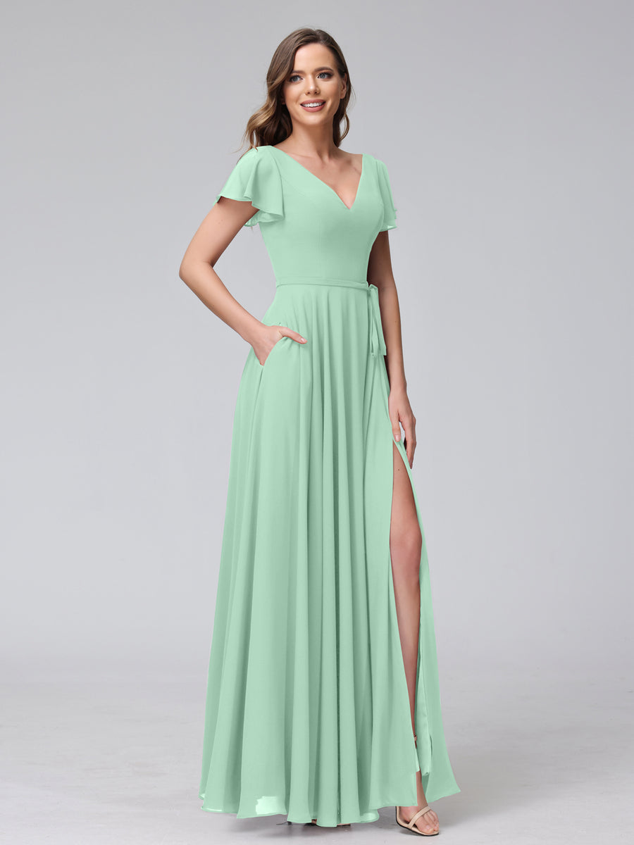 A-Line V-Neck Ruffles Short Sleeves Long Chiffon Dresses With Split Side &amp; Pockets