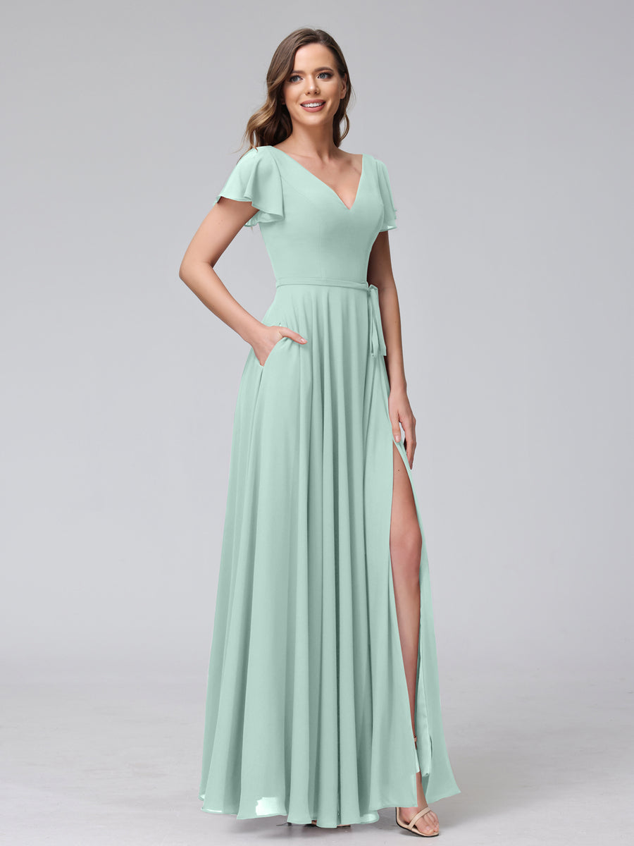 A-Line V-Neck Ruffles Short Sleeves Long Chiffon Dresses With Split Side &amp; Pockets