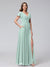 A-Line V-Neck Ruffles Short Sleeves Long Chiffon Dresses With Split Side & Pockets