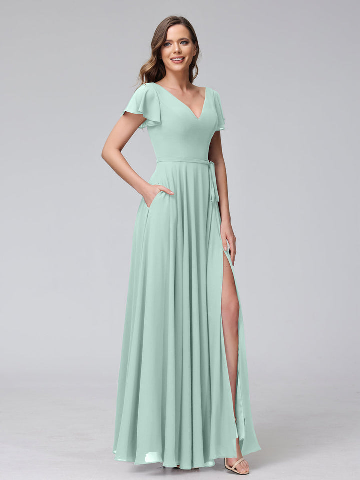 A-Line V-Neck Ruffles Short Sleeves Long Chiffon Dresses With Split Side &amp; Pockets