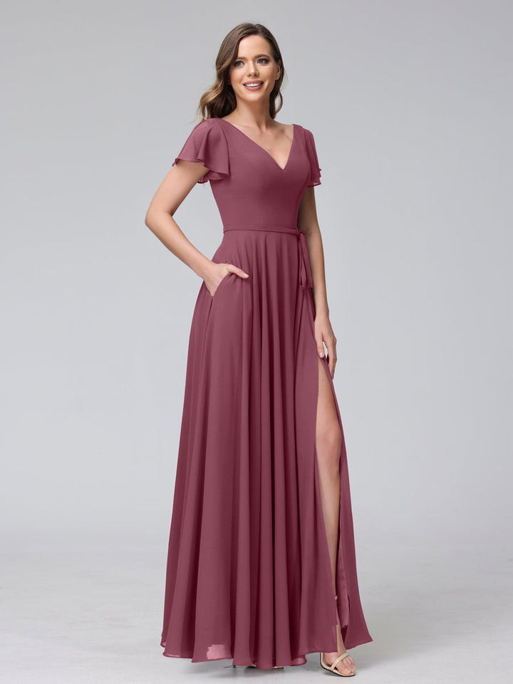 A-Line V-Neck Ruffles Short Sleeves Long Chiffon Dresses With Split Side &amp; Pockets