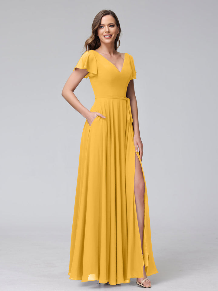 A-Line V-Neck Ruffles Short Sleeves Long Chiffon Dresses With Split Side &amp; Pockets