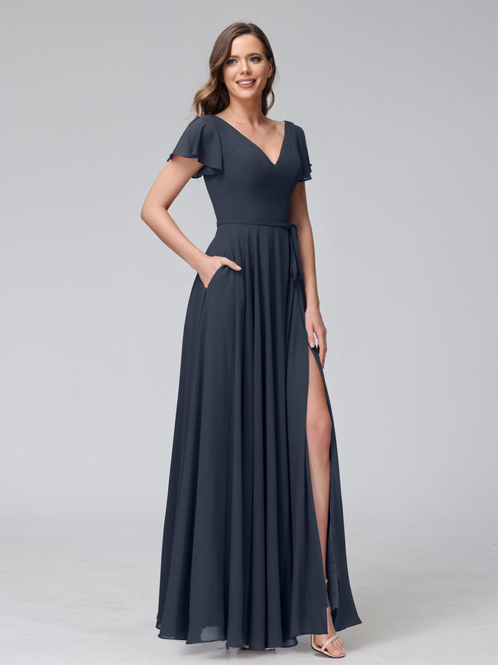 A-Line V-Neck Ruffles Short Sleeves Long Chiffon Dresses With Split Side &amp; Pockets