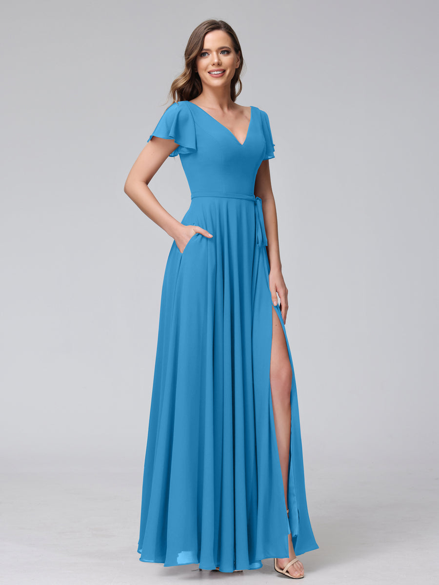 A-Line V-Neck Ruffles Short Sleeves Long Chiffon Dresses With Split Side &amp; Pockets