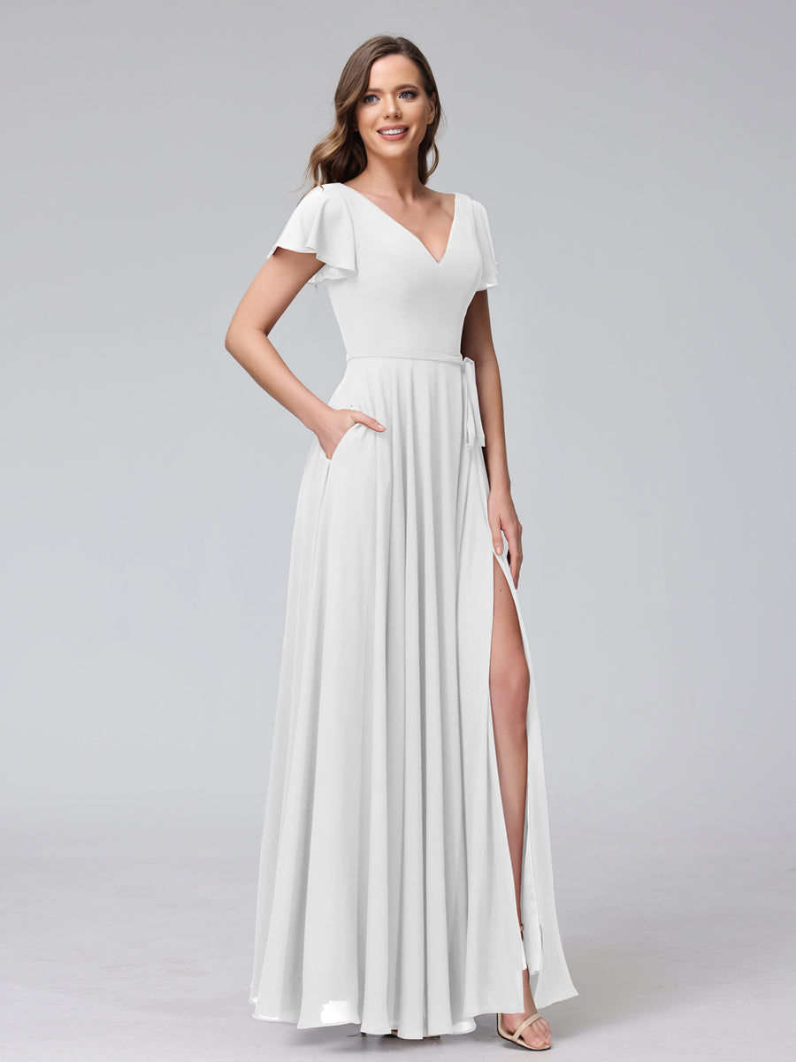 A-Line V-Neck Ruffles Short Sleeves Long Chiffon Dresses With Split Side &amp; Pockets