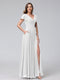 A-Line V-Neck Ruffles Short Sleeves Long Chiffon Dresses With Split Side & Pockets