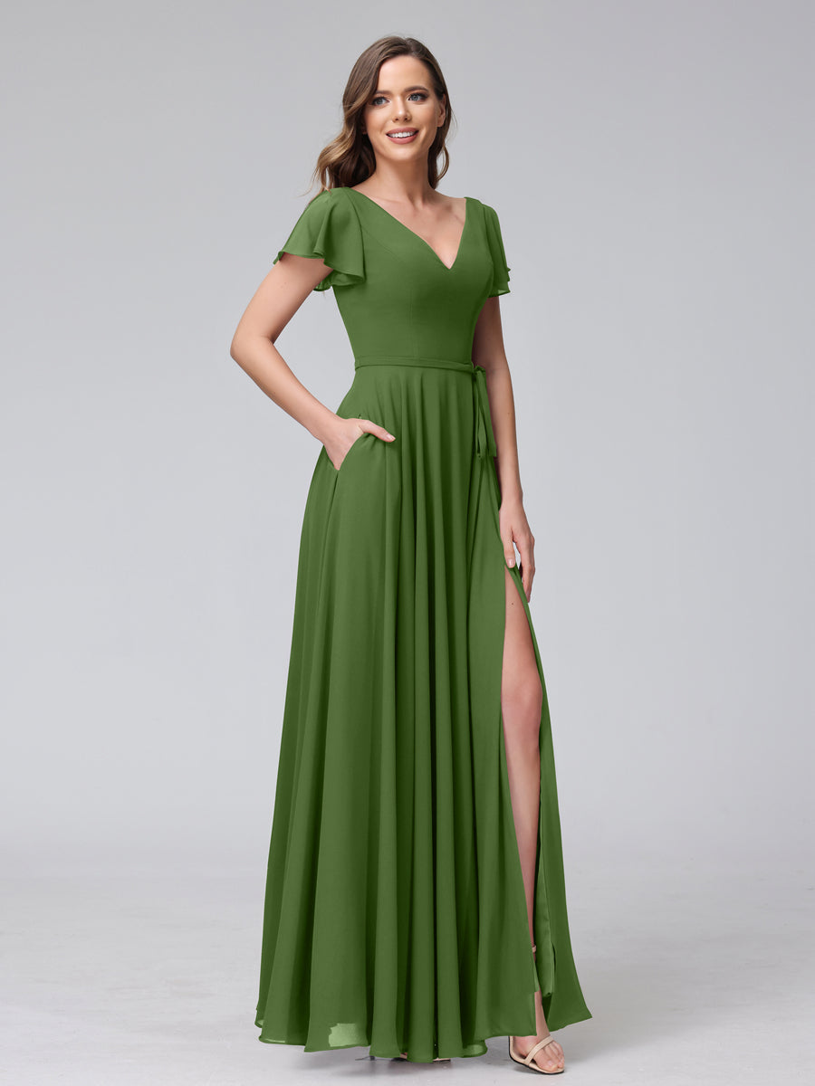 A-Line V-Neck Ruffles Short Sleeves Long Chiffon Dresses With Split Side &amp; Pockets