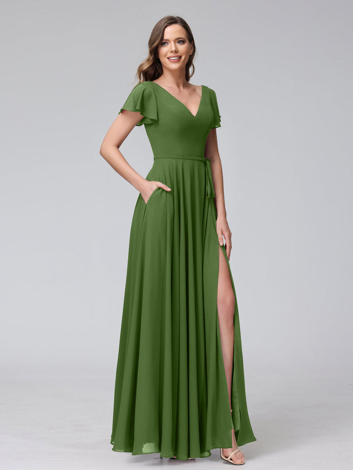 A-Line V-Neck Ruffles Short Sleeves Long Chiffon Dresses With Split Side &amp; Pockets