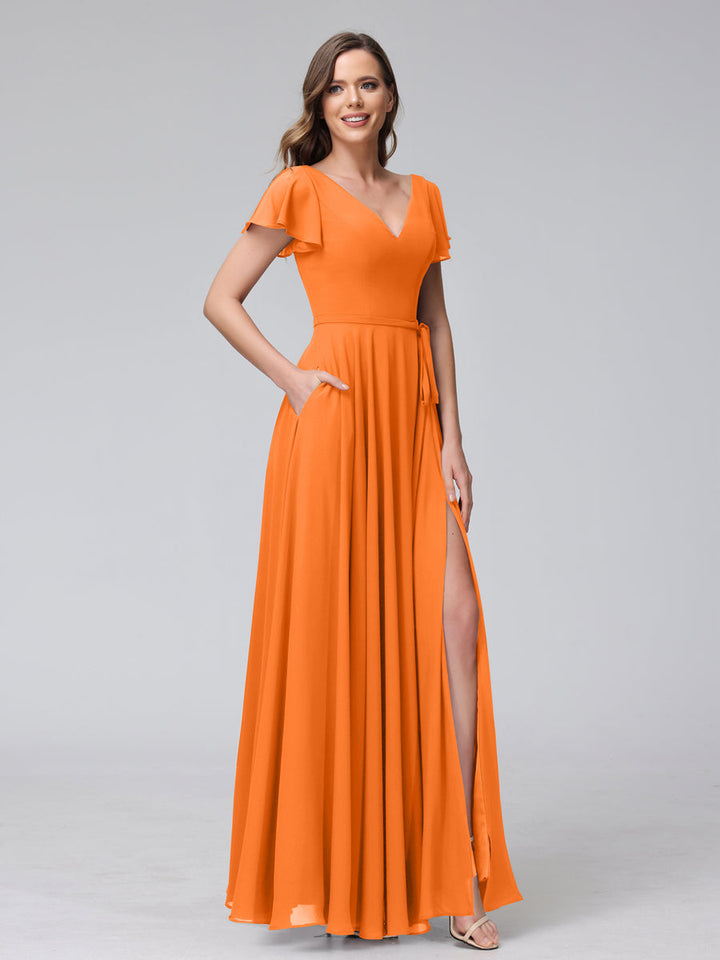 A-Line V-Neck Ruffles Short Sleeves Long Chiffon Dresses With Split Side &amp; Pockets
