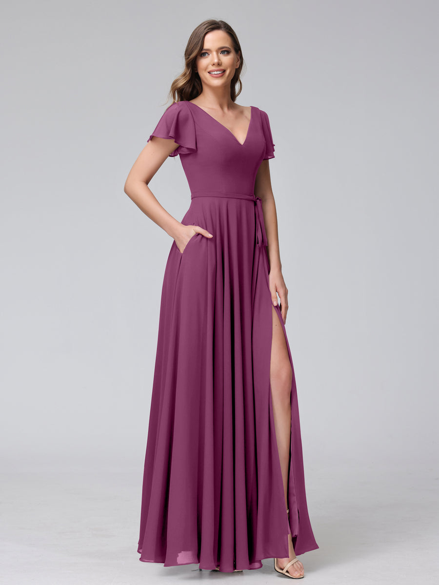 A-Line V-Neck Ruffles Short Sleeves Long Chiffon Dresses With Split Side &amp; Pockets