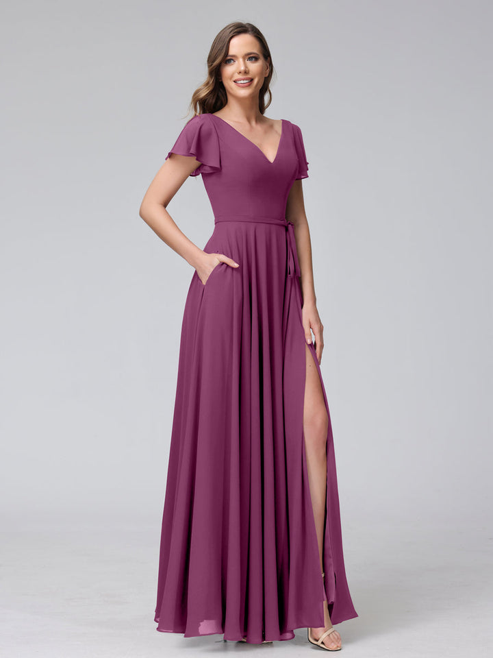 A-Line V-Neck Ruffles Short Sleeves Long Chiffon Dresses With Split Side &amp; Pockets