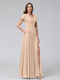 A-Line V-Neck Ruffles Short Sleeves Long Chiffon Dresses With Split Side & Pockets