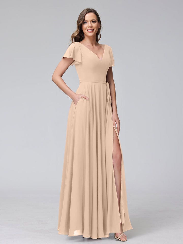 A-Line V-Neck Ruffles Short Sleeves Long Chiffon Dresses With Split Side &amp; Pockets