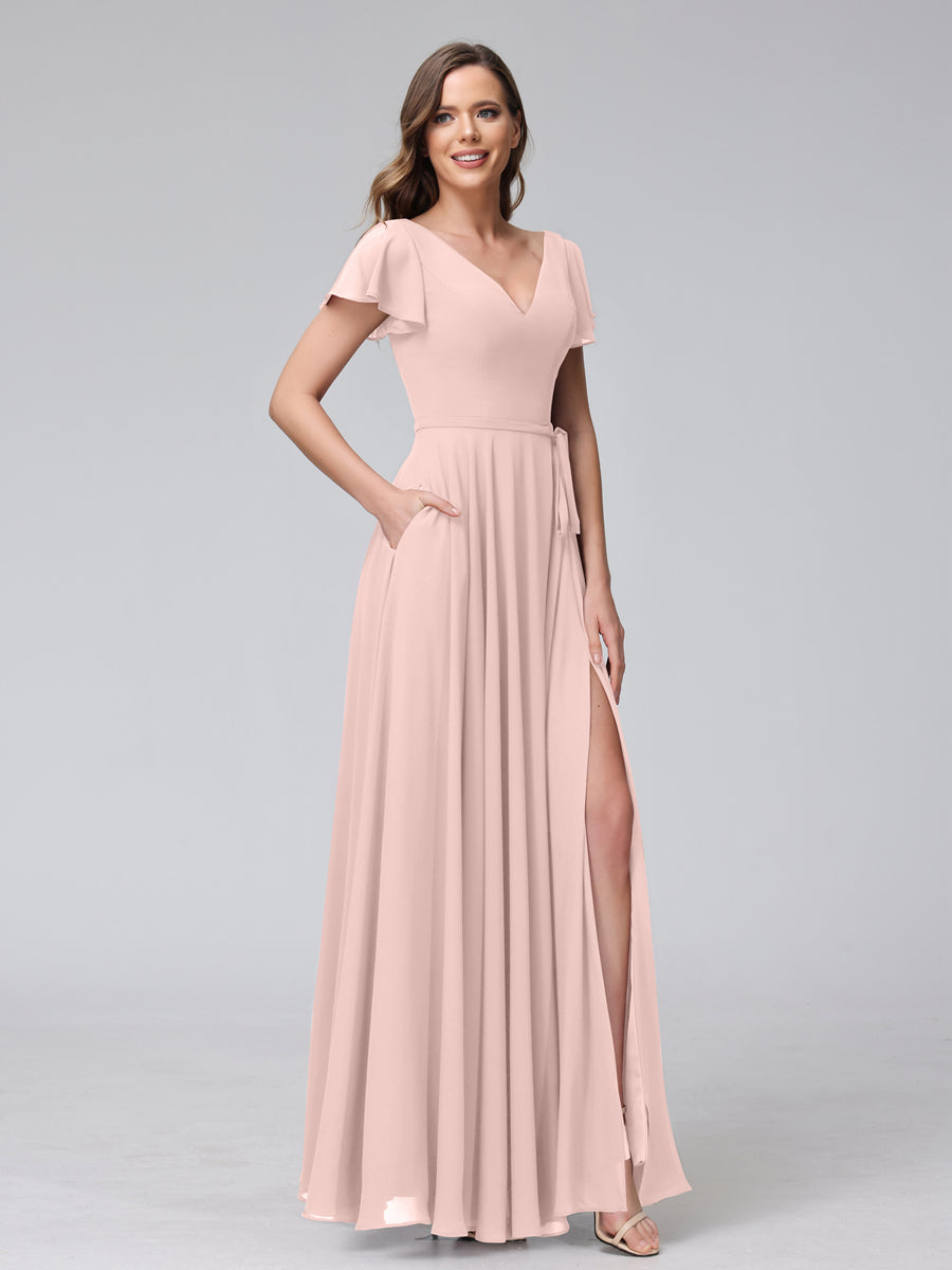 A-Line V-Neck Ruffles Short Sleeves Long Chiffon Dresses With Split Side &amp; Pockets