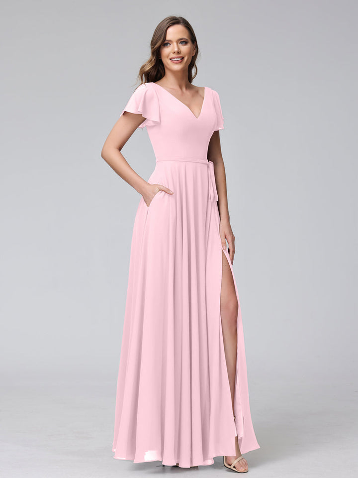 A-Line V-Neck Ruffles Short Sleeves Long Chiffon Dresses With Split Side &amp; Pockets