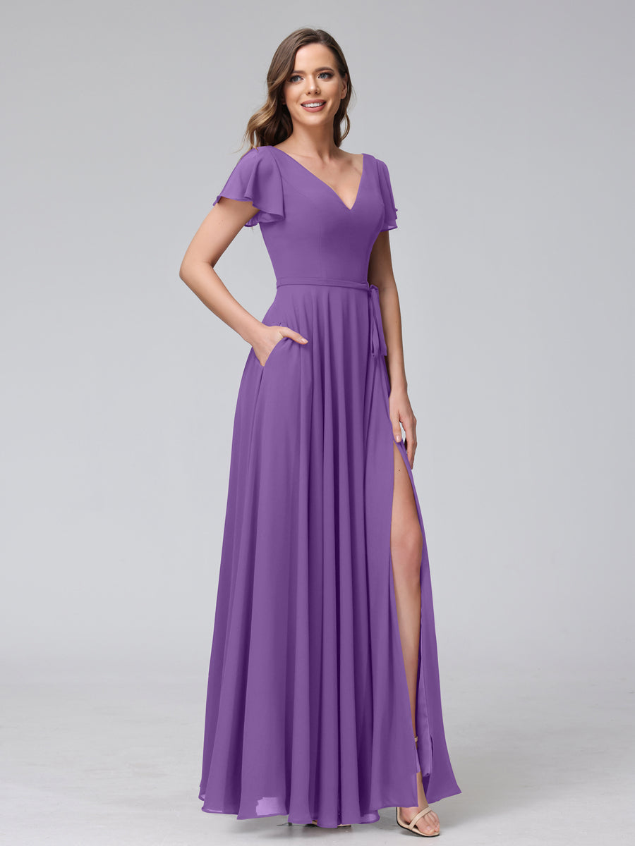 A-Line V-Neck Ruffles Short Sleeves Long Chiffon Dresses With Split Side &amp; Pockets