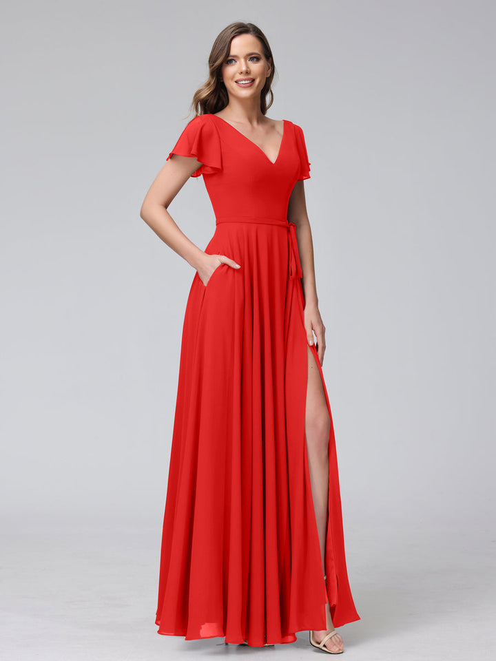 A-Line V-Neck Ruffles Short Sleeves Long Chiffon Dresses With Split Side &amp; Pockets
