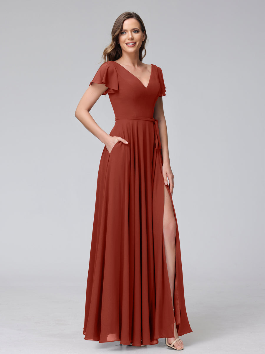 A-Line V-Neck Ruffles Short Sleeves Long Chiffon Dresses With Split Side &amp; Pockets