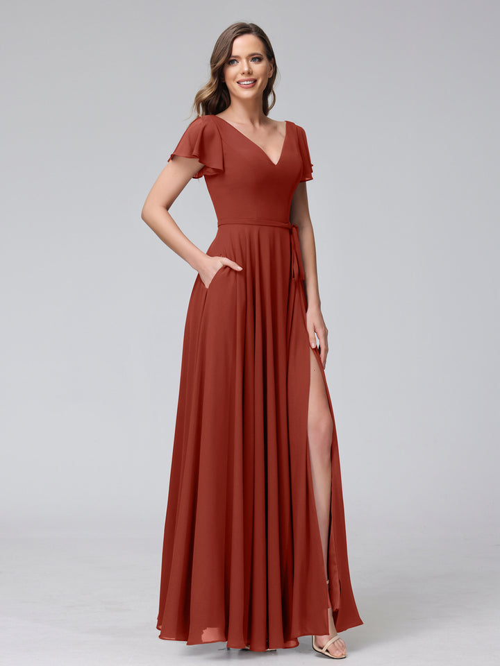 A-Line V-Neck Ruffles Short Sleeves Long Chiffon Dresses With Split Side &amp; Pockets
