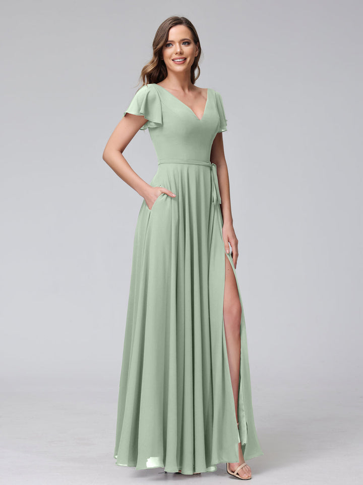 A-Line V-Neck Ruffles Short Sleeves Long Chiffon Dresses With Split Side &amp; Pockets