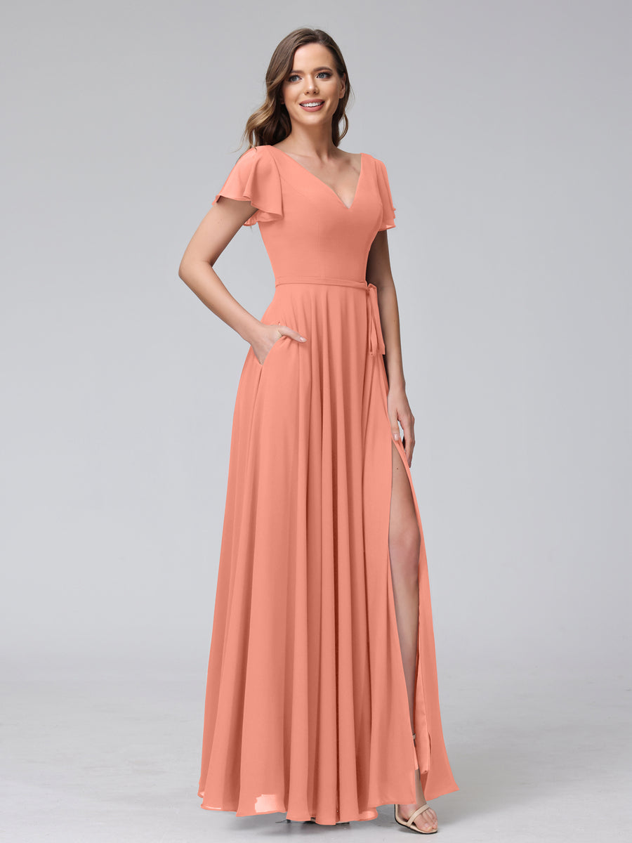 A-Line V-Neck Ruffles Short Sleeves Long Chiffon Dresses With Split Side &amp; Pockets
