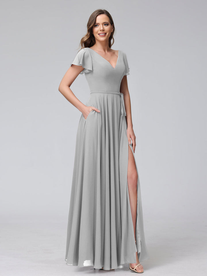 A-Line V-Neck Ruffles Short Sleeves Long Chiffon Dresses With Split Side &amp; Pockets