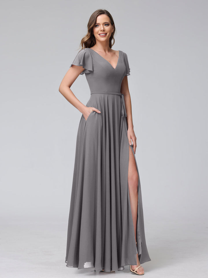 A-Line V-Neck Ruffles Short Sleeves Long Chiffon Dresses With Split Side &amp; Pockets