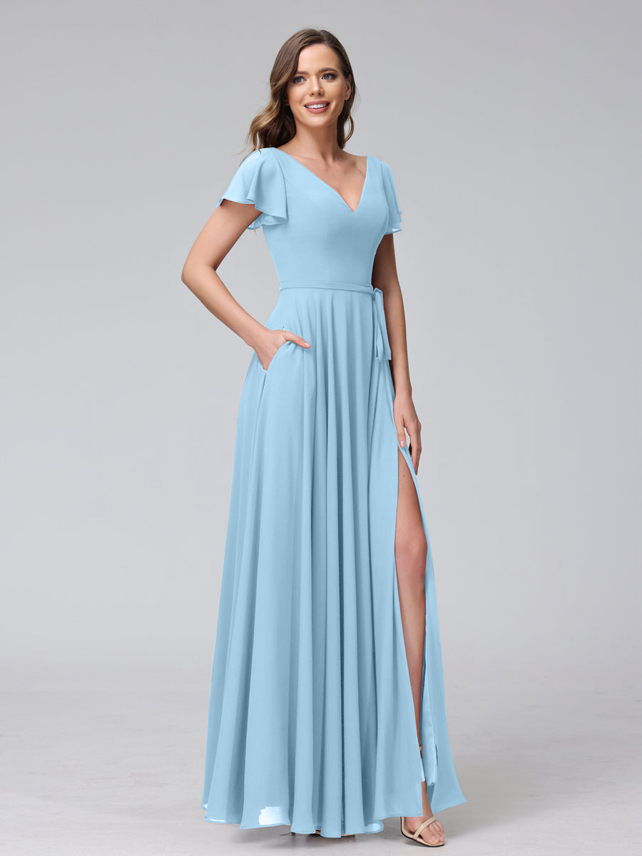 A-Line V-Neck Ruffles Short Sleeves Long Chiffon Dresses With Split Side &amp; Pockets