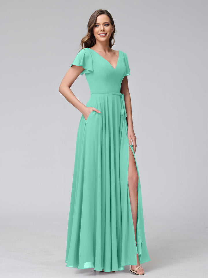 A-Line V-Neck Ruffles Short Sleeves Long Chiffon Dresses With Split Side &amp; Pockets